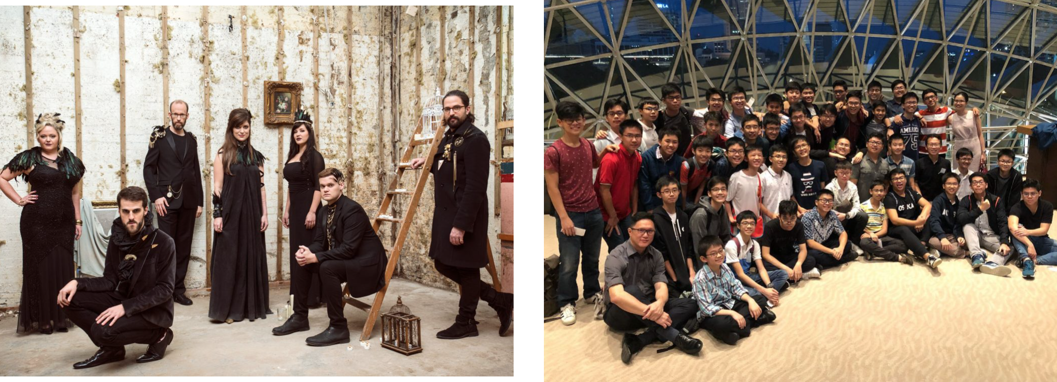 Left: seven people in black gothic attire pose in a rustic room. Right: a large group of young people pose inside a dome structure.